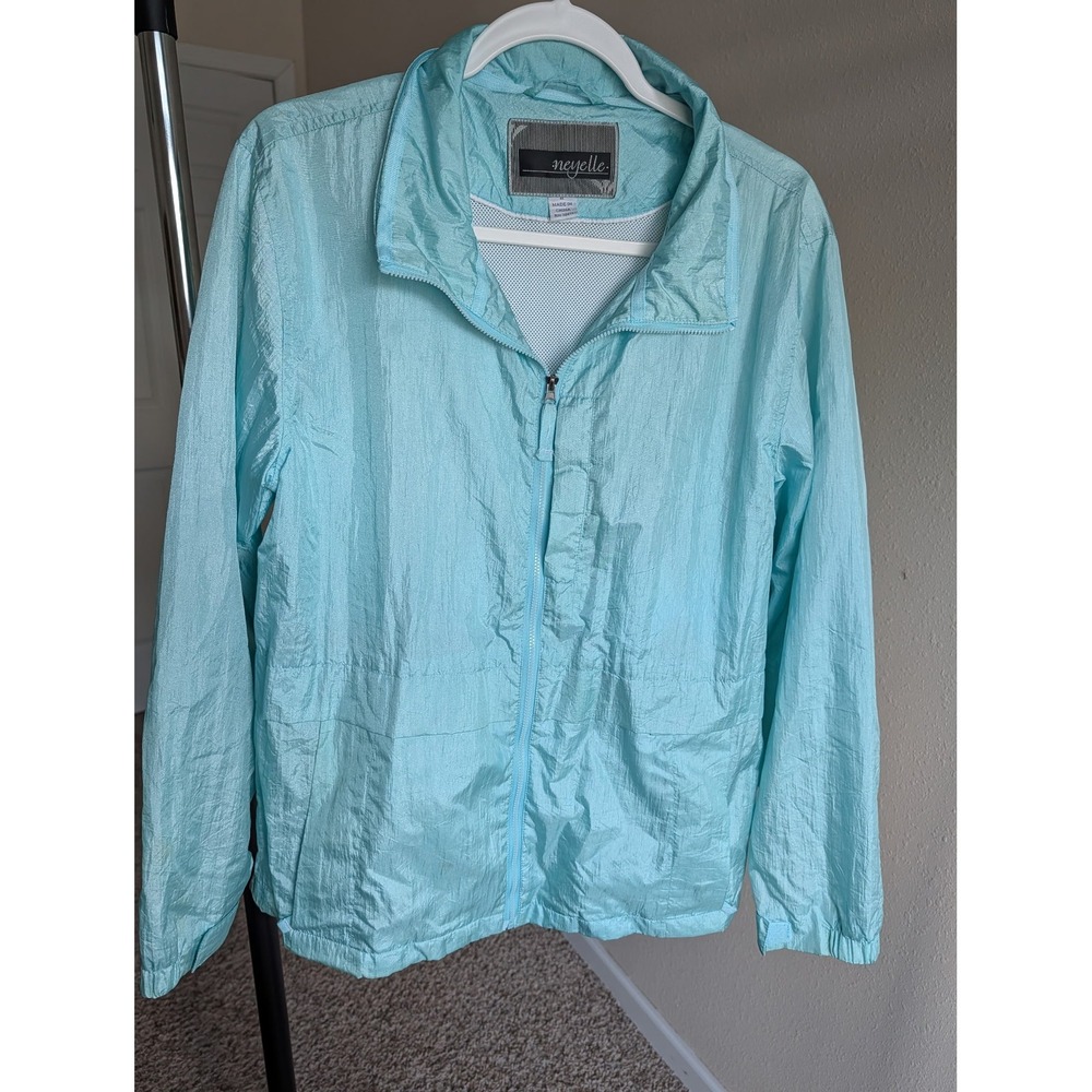 Neyelle Womens Aqua Blue Crinkle Nylon Windbreaker Mesh Lined Zip Jacket Size M